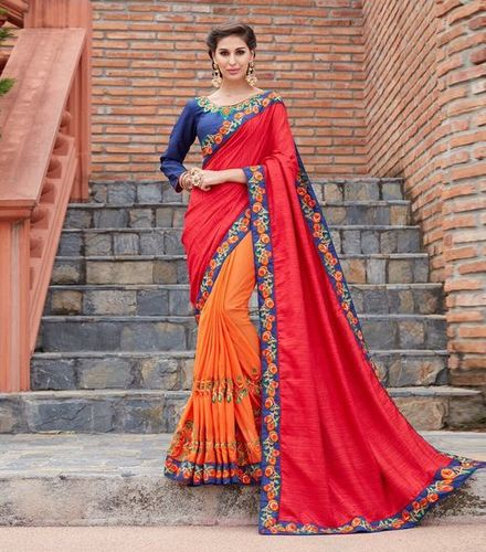 Red & Orange Embroidered Saree