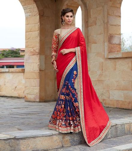 Red & Navy Blue Designer Lehenga Saree