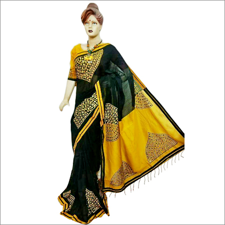Yellow And Black Kachhi Designing Saree