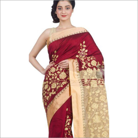 Maroon Ladies Red Embroidered Saree