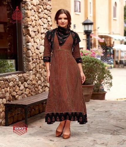 Rayon Kurti - 46" Length, Black with Diagonal Stripe Print | Full Sleeves, Asymmetric Hem, Casual Fancy Style