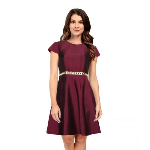 Off-Shoulder Ethnic Dress - Taffeta Silk, Maroon, Large Overlay with Contrast Tipping, Retro Vibe and Chic Look