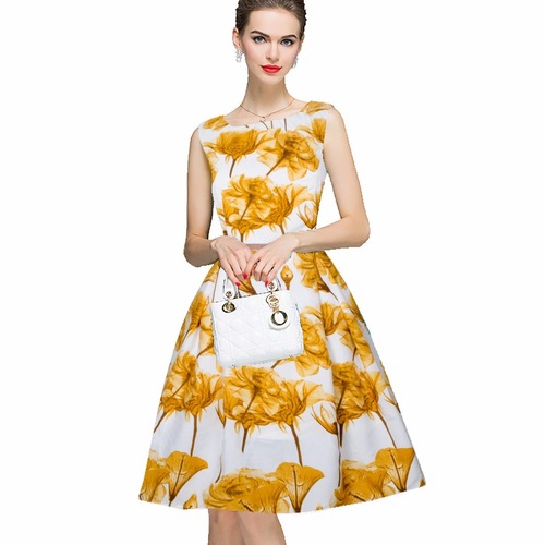 Off-Shoulder Retro Dress - Heavy American Crepe, 37-39 Inch Length , Yellow Printed Pattern, Sleeveless Design with Contrast Tipping