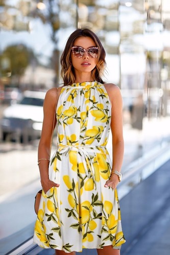 Off-Shoulder Retro Overlay Dress - Heavy American Crepe, 37 Inch Length, White & Yellow Printed Pattern, Sleeveless Design