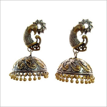Double Tone Earrings - Metal Alloy, 25x15 mm, Gold/Silver | Elegant Jhumka Style, Peacock Motif, Oxidized Finish
