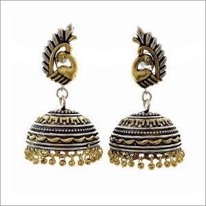 Double Tone Earrings - Metal Alloy, 50mm, Gold/Silver | Stylish Design, Elegant Peacock Jhumka