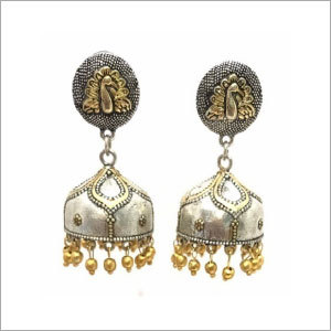 Double Tone Earrings - Oxidized Silver Jhumka 25x15 mm, Silver/Gold, Elegant Two-Tone Finish