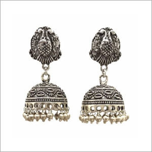 Silver Earrings - Oxidized Silver, 25-30 mm, Silver | Elegant Jhumka Style, Peacock Motif, Durable Material