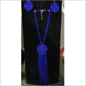 Beads Necklace - Fabric & Metal, 18 Inches, Blue | Elegant Design, Circular Pendant, Stylish Durable Accessory