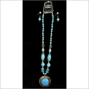 Beads Necklace - Glass Metal, 18 Inches, Turquoise | Elegant Design, Stylish Accessory, Matching Stud Earrings