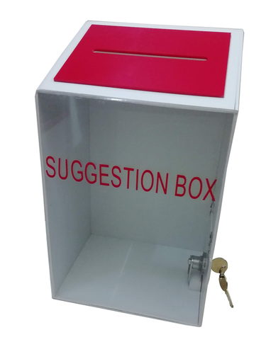 Suggestion Box - 3mm Grade Acrylic, Glossy White and Transparent Design, Clasp Secured Drop Slot for Opinions and Donations