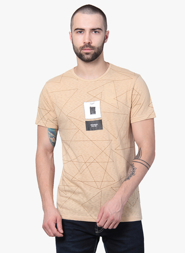 Mens Plain T-Shirt - Cotton, S-XXL, Beige | Soft Fabric, Stylish Design, Comfortable Fit, Durable Material, Easy to Wash, Classic Style, Half Sleeves, Round Neck, Geometric Pattern