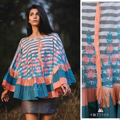 Branded Tops - 100% Khadi Fabric, 24" Long Circular Design | Blue Color, Full Sleeves, Minute Woollen and Embroidery Work, Printed Pattern