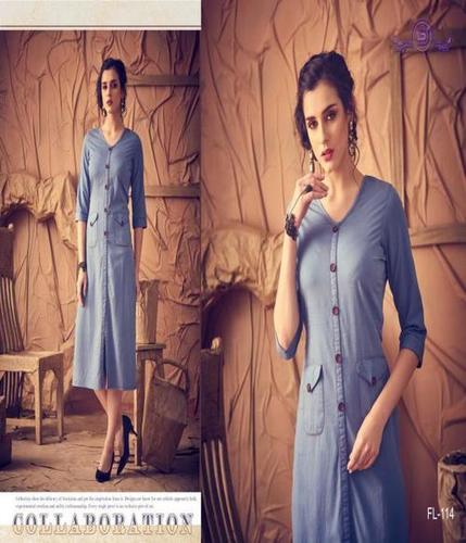 Fancy Kurti - Pure Cotton, Full Sleeves, Blue Color | Casual Design, All Season, Dry Clean Only