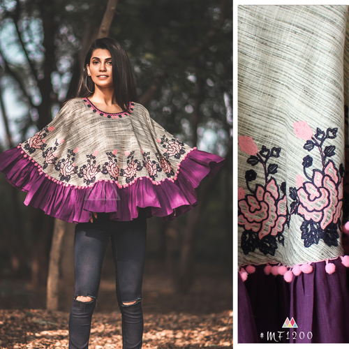 Khadi Poncho - 100% Khadi, 24" Long Circular | Purple, Full Sleeves, Embroidered with Woollen and Jute Lace Accents