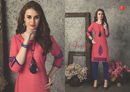 Cotton Kurtis - Cotton, 42 Inches, Pink | Soft Fabric, Embroidered Pattern, Stylish Design, Comfortable Fit, Breathable Material, Durable, Easy to Wash, Trendy Style, Versatile, Round Neck, Three-Quarter Sleeve