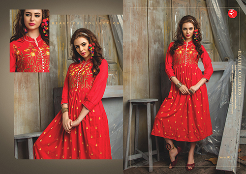 Cotton Kurtis - Cotton, S-XL, Red | Gold Embroidery, Comfortable, Stylish, Breathable, Durable, Versatile, Trendy, Elegant, Knee-Length, Mandarin Neck, Three-Quarter Sleeve