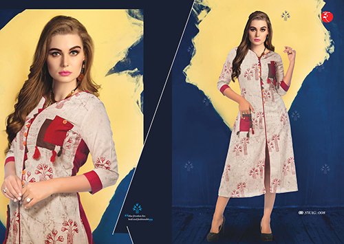 Cotton Kurtis - Cotton, Knee-Length, Off-White | Mandarin Collar, Printed, Three-Quarter Sleeves, Comfortable Fit