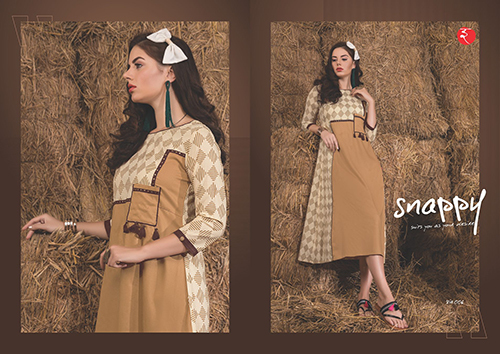 Cotton Kurtis - Cotton, Knee-Length, Beige | Comfortable Fabric, Stylish Design, 3/4 Sleeves, Printed Pattern