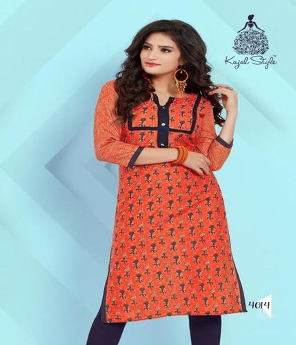 Heavy Cotton Cambric Kurti - Casual Fancy Stylish Wear | Full Sleeves, Available in Sizes L, M, XL, XXL, Color: Orange