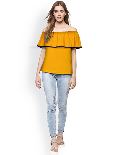 Designer Western Knit Top - Off Shoulder Short Sleeves, 21-22" Length | Fancy Yellow Knit Fabric for Stylish Women and Girls
