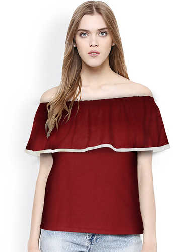 Western Knit Top - Knitting Fabric, 21-22" Length, Maroon Color | Off Shoulder Sleeves, Plain Design, Casual Style for Women and Girls
