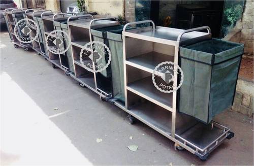 SS House Keeping Trolley - Stainless Steel 3-Layer Silver Design | Durable with Castor Wheels Two-Sided Bags