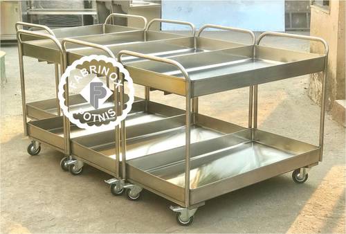 SS Utility Trolley - Steel, Powder Coated Finish | Silver Color, Industrial Storage Shelving