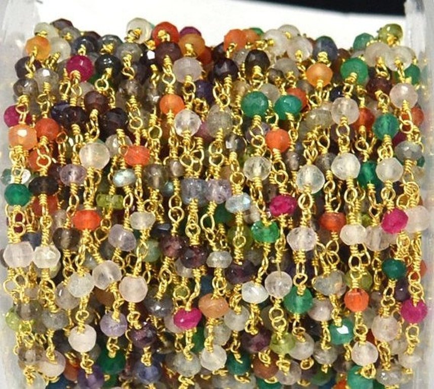 Multi Color 3-4mm Faceted Rondelle Gemstone Beaded Chain