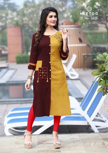 Coffee & Yellow Embroidered Kurtis