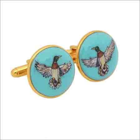 Mens Cufflinks - Gold Enamel 1.5 cm Turquoise Spring Loaded Closure | Elegant Design Durable Gift Box