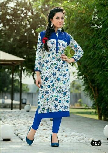 Cotton Printed Kurti - Regular Straight Style, Full Sleeve | Casual Dress in Ivory White, Available in L, XL, XXL