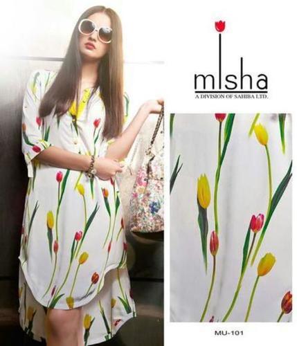 Cotton Casual White Kurti - L, XL, XXL Sizes | Full Sleeves, Printed Pattern, Plain Dyed