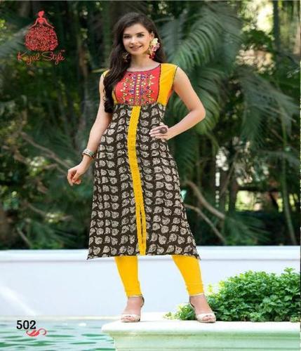 Yellow Rayon Printed Kurti