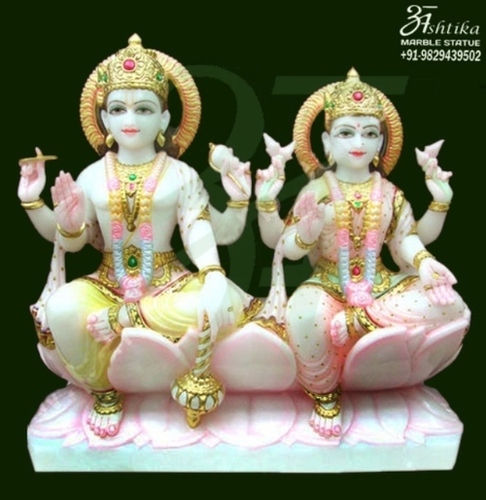Marble Laxminarayan Statue - Polished Marble, Variable Dimensions, White | Elegant Design, Exquisite Detailing, Decorative, Gifting
