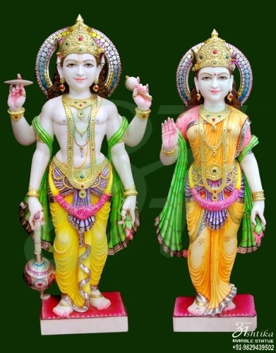 Marble Vishnu Laxmi Statue - Marble, 24 Inches, White | Hand-Carved, Intricate Details, Hand-Painted Finish