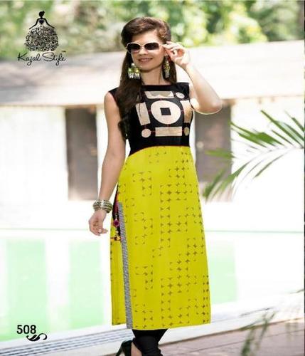 Beautiful Kurti - Heavy Rayon, Available in Sizes L to XXXL | Yellow & Black, Casual Sleeveless Design