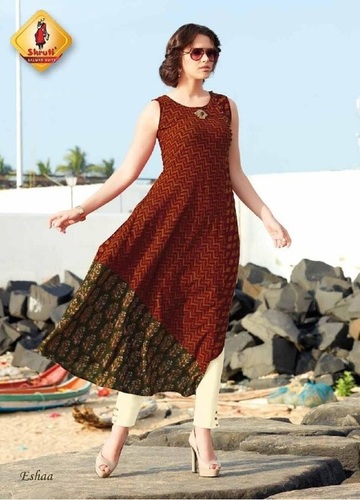 Georgette Printed Kurti - Pure Fancy Fabric & Pure Georgette, Multi-Color, Sleeveless, Free Size (XL to XXL)