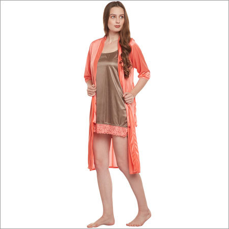 Ladies Peach Color Fancy Nighty Robe