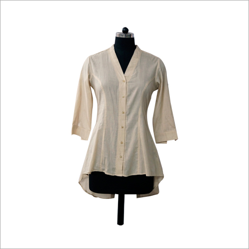 Ladies Plain Shirt - Cotton Material, Cream Color | V-Straight Collar, 3/4th Sleeves, Lightweight & Breathable Design