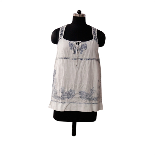 Ladies Cotton Top - Chiffon Fabric, Off White Color | Unique Drawstring Design, Printed Patterns for Summer Comfort