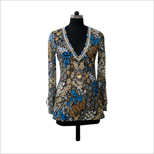 Ladies V-Neck Top - Chiffon Fabric, Blue and Cream Printed Design | Full Sleeves, Skinny Fit for Casual and Party Wear