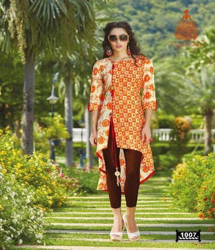 Women Short Kurtis - Cotton Dhabu Print, Orange Color, Full Sleeves, Casual Style, All Season Use, Printed Pattern, Doriya Work