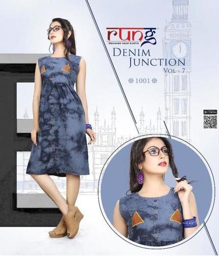 Sleeveless Kurti - High Quality Fabric, Navy Blue Color, Full Sleeves, Unique Printed Patterns, Casual Design, Available in L, XL, XXL