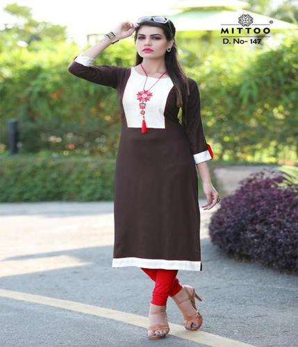 Fancy Embroidered Kurti - Rayon Material, Coffee Color | Casual Dress, Full Sleeves, All Season Wear