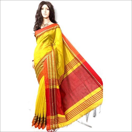 Handloom Temple Designing Saree - High Grade Fabric, Yellow And Red Color , Elegant Handloom Crafting With Mesmerizing Border Pattern