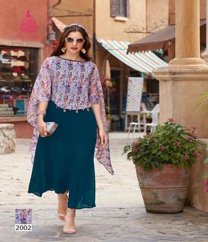Ladies Designer Kurti - Lightweight Georgette, 46 to 48 Inches Length, Multi-Color with Lace Decoration, Casual Dress, Short Sleeves, Available in L, M, XL, XXL, XXXL Sizes