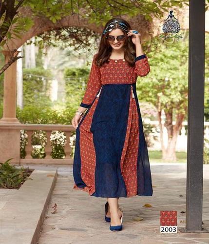 Designer Kurti - Weight Less Georgette, 46 to 48 Inches Length, Navy Blue, Full Sleeves, Casual Wear, All Season, Washed Finish