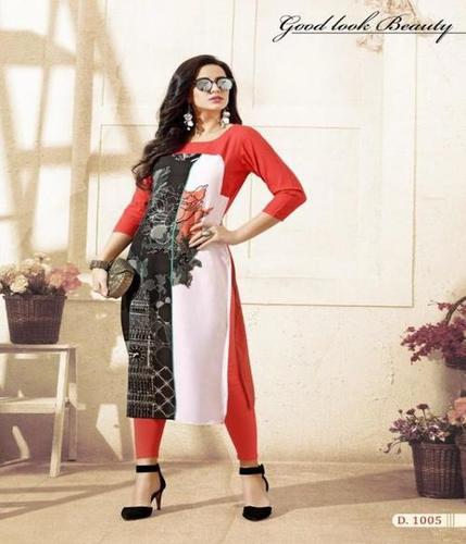 Party Wear Kurti - Heavy Rayon & Cotton Fabric, Red & White, Full Sleeves, All Season Design with Exceptional Printing