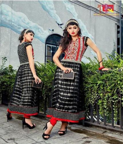 Trendy Kurti - Georgette-Silk-Modal Rayon, Length 46-54 Inches, Black & Red, Sleeveless, Casual Fit, Washed Finish, Available Sizes L-XXXL